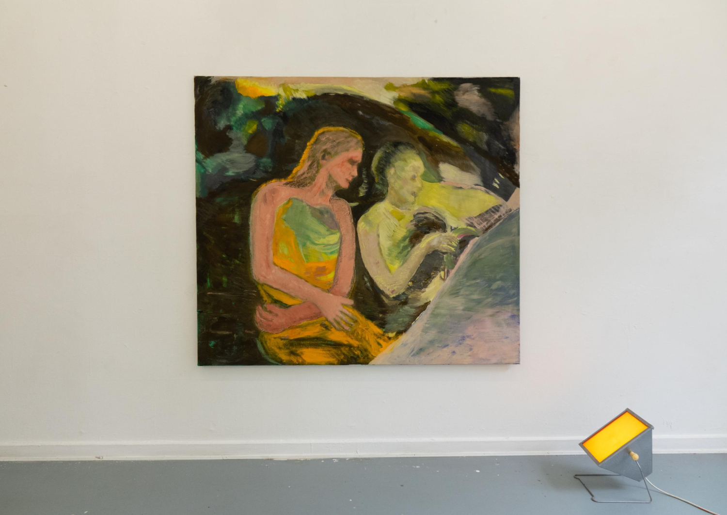 Driving scene (dream), 2026Egg tempera, oil pastel and oil on linen, enlighted with lamp, 146 cm x 130 cm